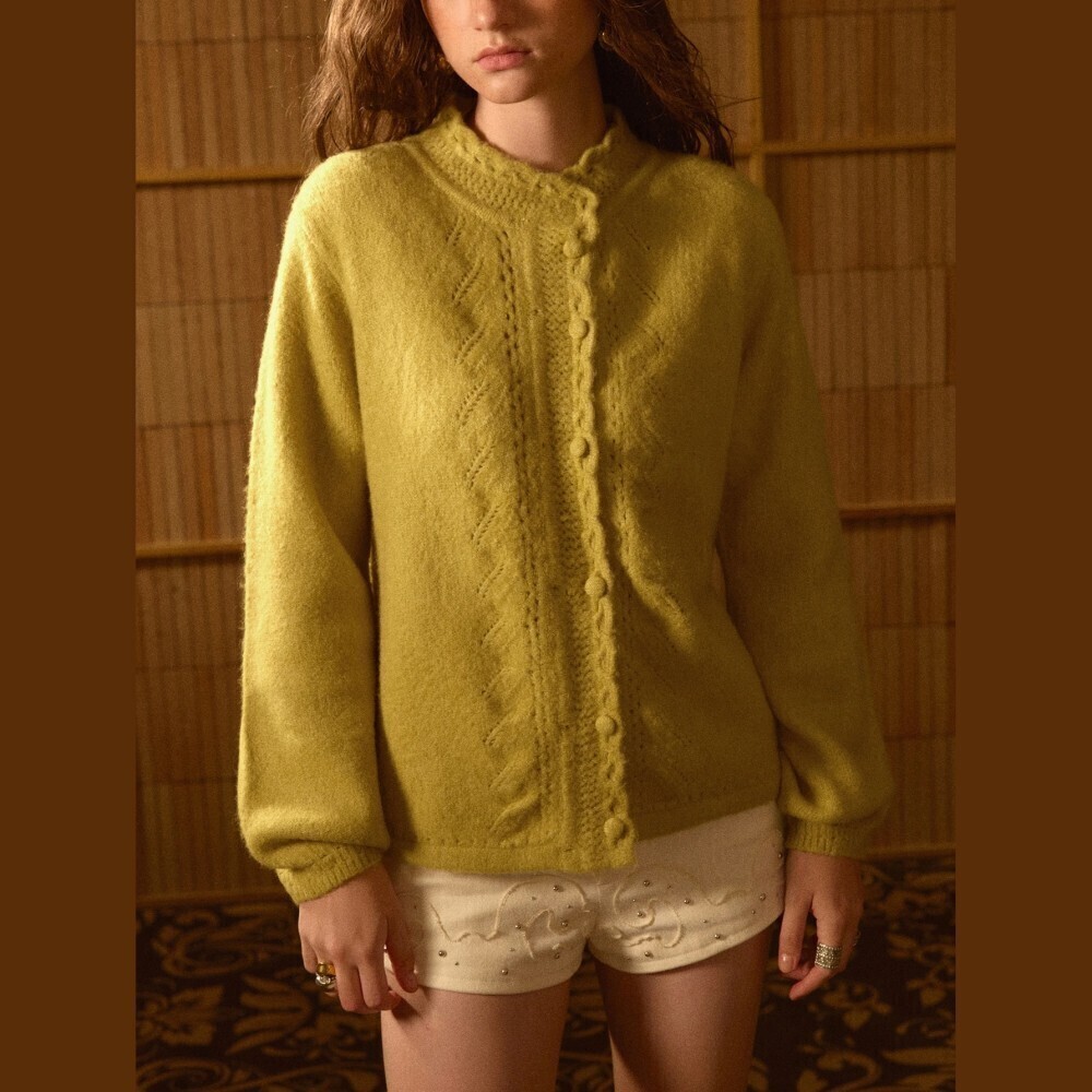 Chartreuse Cable Trim Knit Button Front Cardigan with Scallop Stand Collar